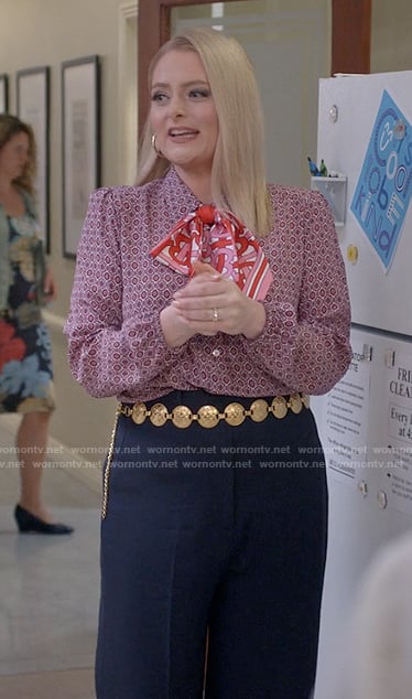 Lexi's red print shirt on Not Dead Yet