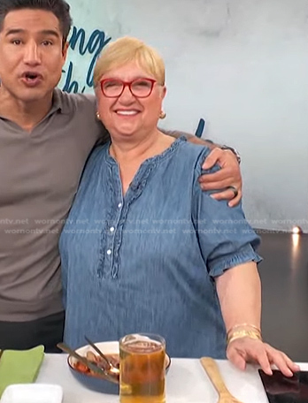 Lidia Bastianich's chambray ruffle blouse on Access Hollywood
