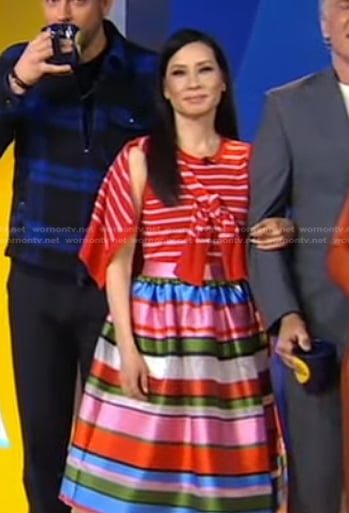 Lucy Liu's red striped top and skirt on Good Morning America