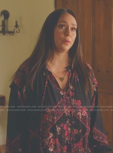 Maddie's black floral tie neck blouse on 9-1-1
