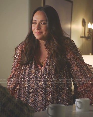 Maddie's metallic floral blouse on 9-1-1