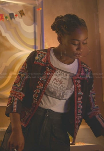 Malika's brown embroidered jacket on Good Trouble