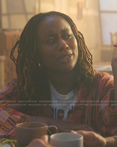 Malika's white printed tee on Good Trouble