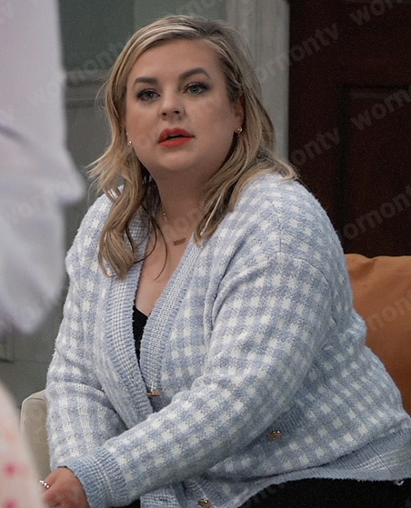 Maxie's blue checked cardigan on General Hospital