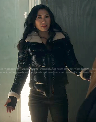 Mel's black shearling trim jacket on The Equalizer
