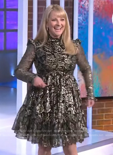 Melissa Rauch's black metallic floral dress on The Kelly Clarkson Show