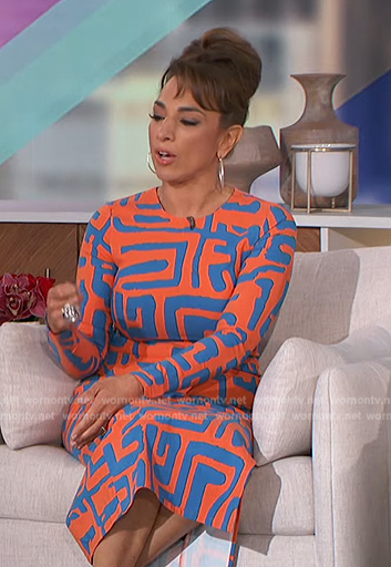 Michelle Miller's orange geometric print dress on The Talk