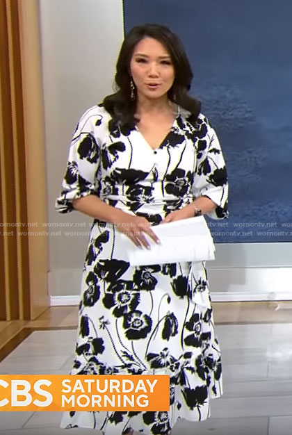 Nancy Chen's white and black floral midi dress on CBS Mornings