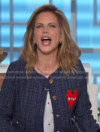 Natalie's blue tweed metallic jacket and tee on The Talk