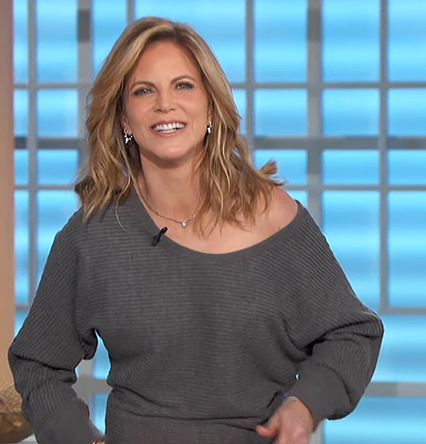 Natalie's gray ribbed off shoulder sweater on The Talk
