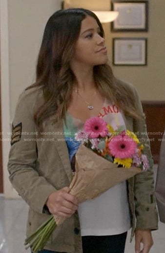 Nell's khaki military style jacket on Not Dead Yet