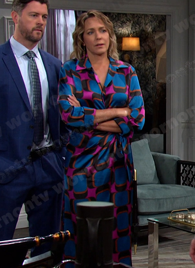 Nicole's blue and pink geometric print dress on Days of our Lives