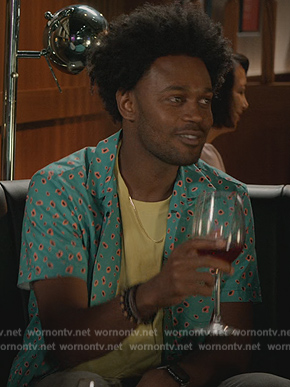 Noah's blue printed shirt on Grand Crew