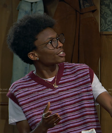 Noah's burgundy striped knit vest on Bunkd