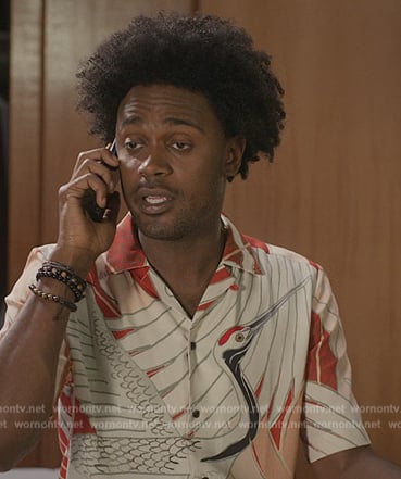Noah's red crane print shirt on Grand Crew
