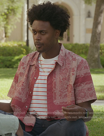 Noah's red paisley print shirt on Grand Crew