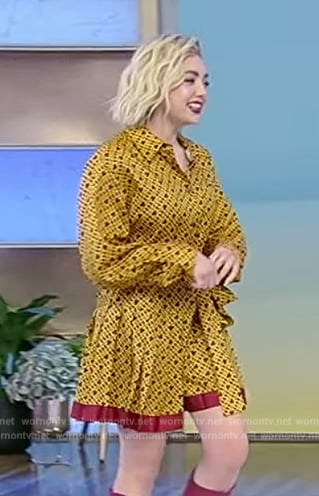 Peyton List's yellow printed tie waist dress on Tamron Hall Show