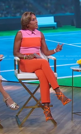 Robin's pink and orange colorblock jumpsuit on Good Morning America