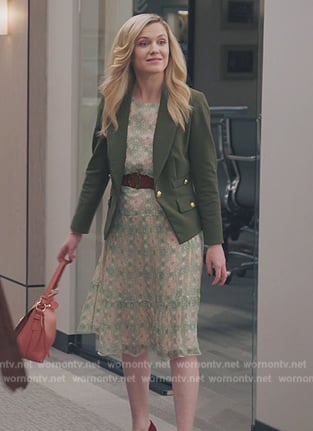 Sadie's green printed dress and blazer on American Auto