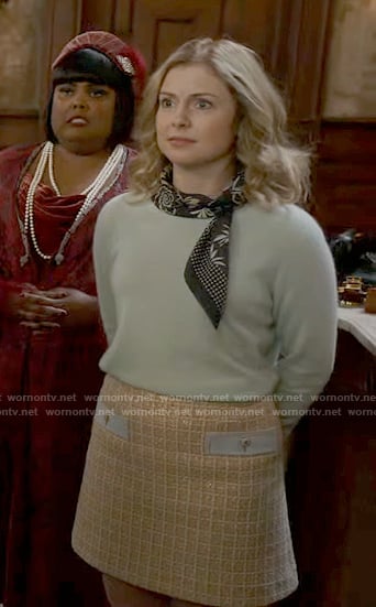 Sam's yellow tweed skirt and floral scarf on Ghosts