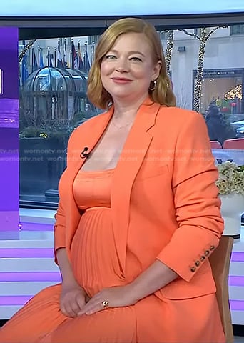 Sarah Snook's orange pleated dress and blazer on Today