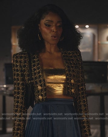 Sasha's black tweed metallic check jacket on Sex/Life