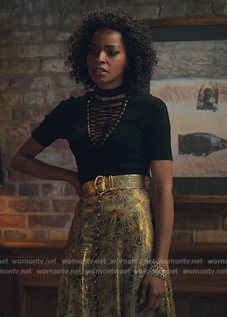Sasha's floral skirt and lace-up top on Sex/Life
