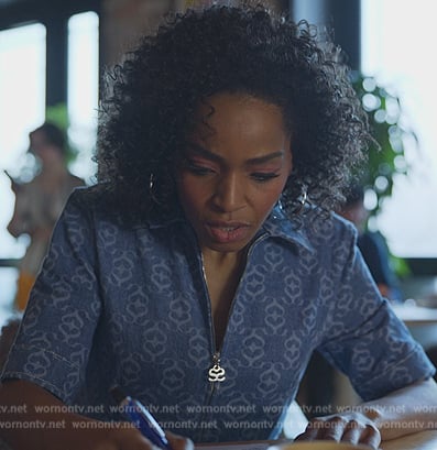 Sasha's blue printed denim jumpsuit on Sex/Life