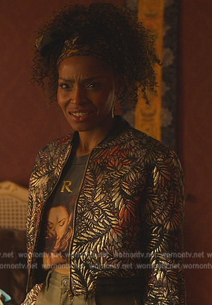 Sasha's leaf metallic cropped bomber jacket on Sex/Life