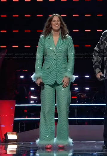 Laura Littleton's sequin feather cuff blazer and pants on The Voice