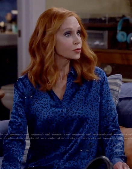 Sheila's blue leopard print blouse on Call Me Kat