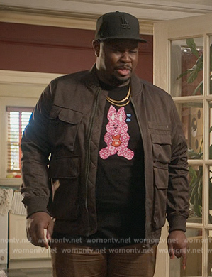 Sherm's black bunny print tee and jacket on Grand Crew