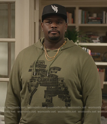 Sherm's green printed hoodie on Grand Crew