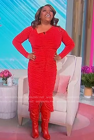 Sherri's red ruched asymmetric dress on Sherri
