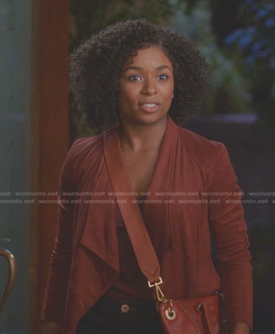 Simone's red suede jacket and shoulder bag on Greys Anatomy