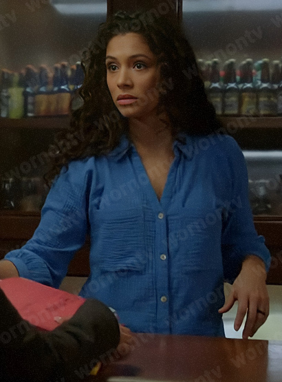 Stella's blue gauze button down shirt on Chicago Fire
