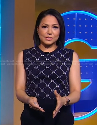 Stephanie's navy bow print knit vest on Good Morning America