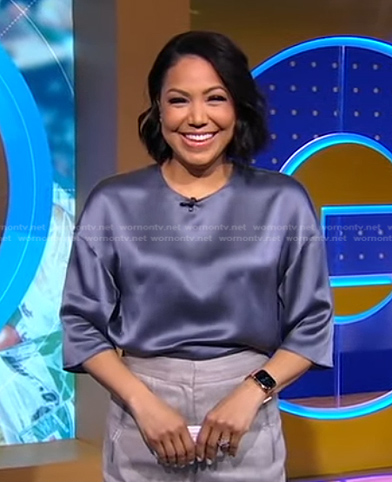 Stephanie's purple elbow sleeve satin top on Good Morning America
