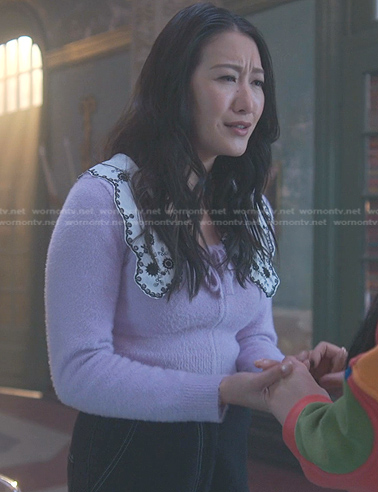 Sumi's lilac collared cardigan on Good Trouble
