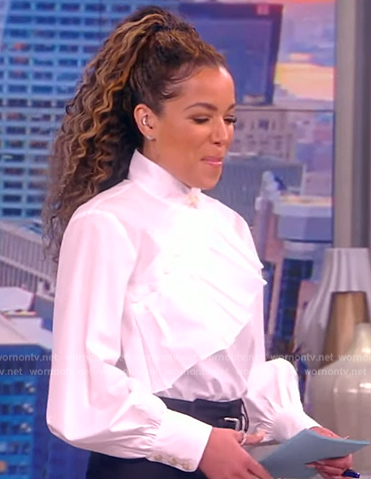 Sunny's white ruffle front top on The View