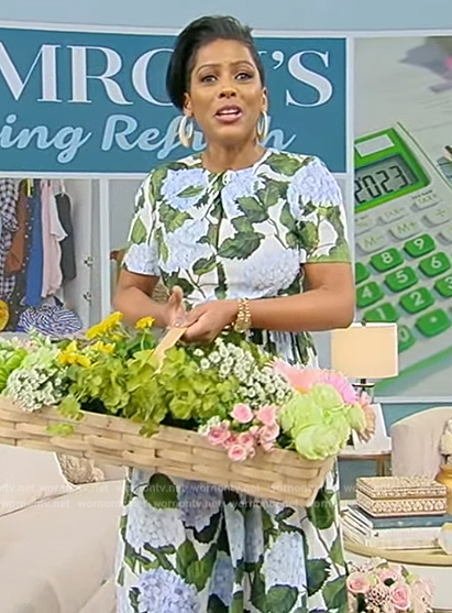 Tamron's blue floral print flare dress on Tamron Hall Show