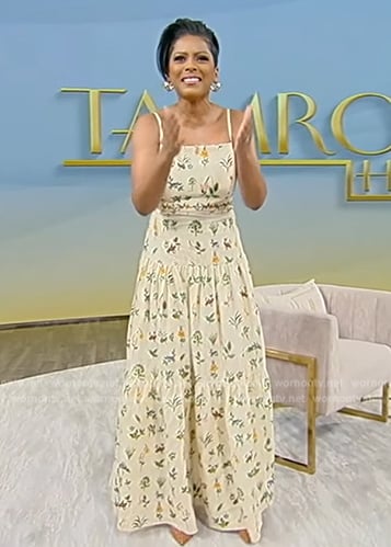 Tamron's yellow floral embroidered maxi dress on Tamron Hall Show