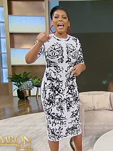 Tamron's white jacquard sheath dress on Tamron Hall Show