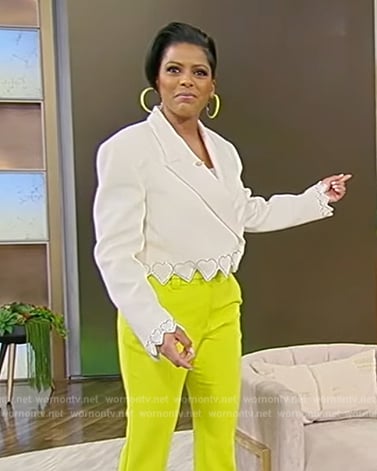 Tamron's white crystal heart hem blazer on Tamron Hall Show