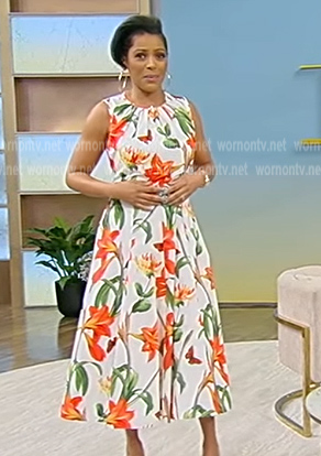 Tamron's white floral print dress on Tamron Hall Show