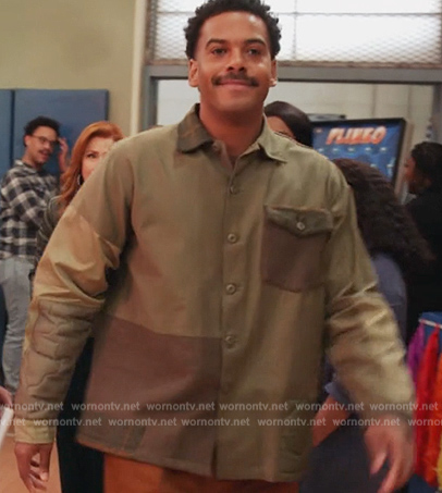 Tariq's green utility shirt on Abbott Elementary