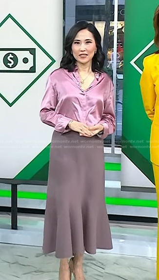 Vicky's pink satin blouse and skirt on Today