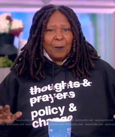 Whoopi's black printed hoodie on The View