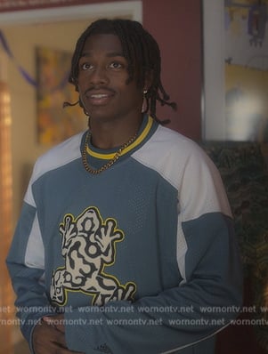 Zeke's frog embroidered jersey on Grown-ish