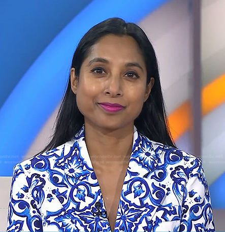 Dr. Roshini Rajapaksa's blue and white printed blazer on Today
